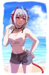  arknights armpits beach blush choker highres shirt short_hair short_shorts shorts sweat tail umekata_mitsu w_(arknights) white_hair white_shirt 