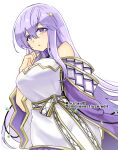  1girl bare_shoulders breasts cape circlet dress fire_emblem fire_emblem:_genealogy_of_the_holy_war jewelry julia_(fire_emblem) large_breasts long_hair purple_cape purple_eyes purple_hair sash simple_background solo wide_sleeves yukia_(firstaid0) 