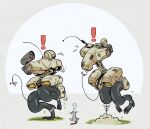  ! ? cable chibi dust english_commentary gekko_(metal_gear) highres jumping looking_down mecha metal_gear_(series) missile_pod mouse no_humans radio_antenna robot scared sweatdrop walker will_pierce 