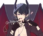  1boy ;p black_gloves black_hair black_nails black_shirt closed_mouth collared_shirt demon_boy demon_horns demon_tail demon_wings dress_shirt earrings fingerless_gloves gloves grey_background hair_between_eyes hands_up heart highres horns jewelry long_sleeves looking_at_viewer male_focus marius_von_hagen_(tears_of_themis) mtkignsn nail_polish one_eye_closed open_clothes open_shirt pointy_ears purple_eyes red_wings shirt smile solo stud_earrings tail tears_of_themis thick_eyebrows tongue tongue_out twitter_username two-tone_background white_background wings 