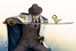  1boy animal bird bogart_(one_piece) closed_mouth covered_eyes holding holding_sword holding_weapon necktie one_piece shino_(o10) solo solo_focus sword uniform weapon 