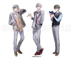  3boys black_nails black_sweater_vest black_trim blazer blue_hair blue_shirt brown_eyes brown_footwear brown_hair cardigan collared_shirt diagonal-striped_necktie eyewear_strap full_body fuwa_minato glasses gradient_hair grey_hair grey_jacket grey_pants hair_ornament hairclip hand_in_pocket holding holding_notebook holding_pencil ike_eveland itefu jacket jewelry kuzuha_(nijisanji) loafers male_focus multicolored_hair multiple_boys necklace necktie nijisanji nijisanji_en notebook official_art pants pencil pink_hair purple_hair red_eyes red_footwear round_eyewear sample_watermark school_uniform shirt shoes simple_background sneakers streaked_hair sweater_vest virtual_youtuber watermark white_background white_shirt yellow_cardigan 