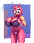  4:5 absurd_res amy_rose anthro big_breasts blu_rent blush bodily_fluids bra breasts cleavage clothed clothing eulipotyphlan female green_eyes hedgehog hi_res mammal sega solo sonic_the_hedgehog_(series) sweat thong underwear 