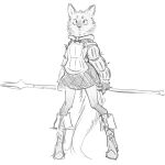  anthro armor baggy_clothing black_and_white boots bottomwear canid canine cheek_tuft circle_eyebrows clothing eyebrows facial_tuft female fluffy footwear long_legs long_tail mammal maned_wolf melee_weapon monochrome neck_tuft polearm pupils sketch skinny skirt small_pupils solo spear tail tateoftot tuft weapon 