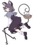  1girl absurdres ahoge animal animal_ears black_dress black_footwear blush_stickers capelet closed_mouth dowsing_rod dress full_body grey_capelet grey_hair highres jewelry kame_(kamepan44231) long_sleeves mouse mouse_ears mouse_tail nazrin pendant red_eyes shoes short_hair simple_background socks solo tail touhou white_background white_socks 