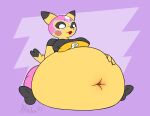  2023 anthro belly belly_squish big_belly big_breasts black_clothing black_nose black_sclera breasts clothing colored cosplay_pikachu_(costume) deep_navel digital_media_(artwork) female flat_colors generation_1_pokemon hand_on_stomach hidden97 hyper hyper_belly mask navel navel_blush nintendo nipple_outline open_mouth pikachu pikachu_libre pink_clothing pink_mask pokemon pokemon_(species) purple_background simple_background sitting solo sports_mask sportswear squish susie_(reathe) tight_clothing white_eyes wrestling_mask wrestling_outfit yellow_body yellow_ears 