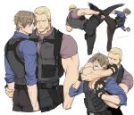  2boys black_gloves black_hair black_pants blonde_hair blue_eyes blue_shirt brown_pants bulletproof_vest closed_mouth collared_shirt curtained_hair fighting fingerless_gloves gloves grabbing grabbing_from_behind headset high_kick holding_another&#039;s_wrist holster holstered jack_krauser kicking knife_holster large_pectorals leon_s._kennedy male_focus multiple_boys muscular muscular_male pants pectorals red_shirt resident_evil resident_evil_4 resident_evil_4_(remake) scar scar_across_eye scar_on_face scar_on_mouth shirt short_hair simple_background tatsumi_(psmhbpiuczn) translation_request white_background 