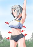  1girl adapted_costume akashieru arrow_(symbol) blue_eyes blue_sky breasts cloud day grey_hair grey_shorts hair_ornament hair_over_one_eye hairclip hamakaze_(kancolle) highres kantai_collection large_breasts midriff navel one-hour_drawing_challenge outdoors short_hair short_shorts shorts sky solo sports_bra 