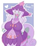  &lt;3 anthro biped border breasts cleavage clothed clothing female generation_6_pokemon gesture goodra green_eyes hi_res looking_at_viewer navel nintendo open_mouth pokemon pokemon_(species) purple_background simple_background snackbunnii solo v_sign white_border witch_costume 