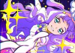  1girl aqua_eyes artist_request cure_majesty dark_background dress ellee-chan eyelashes gloves hair_ornament happy highres hirogaru_sky!_precure long_hair looking_at_viewer magical_girl precure purple_dress purple_hair smile solo source_request 