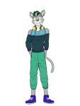  adastra adastra_(series) alexios_(adastra) anthro bottomwear clothed clothing domestic_cat echo_project felid feline felis footwear full-length_portrait fully_clothed fuze headphones headphones_around_neck hi_res male mammal pants portrait shoes shoulderless_shirt simple_background solo white_background 