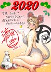  1girl 2020 animal_ears blush breasts brown_hair chinese_zodiac commentary_request covered_nipples dated from_side grey_leotard highres jug_(bottle) leotard looking_at_viewer medium_breasts mouse_ears mouse_girl mouse_tail original red_eyes short_hair sitting solo strapless strapless_leotard suggestive_fluid tail taki_reki tongue tongue_out translation_request wariza year_of_the_rat 