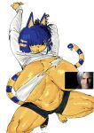  1girl animal_crossing animal_ears ankha_(animal_crossing) breasts cat cat_ears cat_tail egyptian furry gigantic_breasts highres khentaiu nintendo one_eye_covered squatting tail thick_thighs thighs torn_clothes 