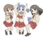  3girls :d aioi_yuuko arms_up black_eyes black_hair blue_eyes blue_hair blush book bow brown_eyes brown_footwear brown_hair cardigan cube_hair_ornament full_body glasses hair_ornament highres holding holding_book jumping komakichi315 loafers long_hair long_sleeves looking_at_viewer minakami_mai multiple_girls naganohara_mio nichijou open_mouth parted_bangs plaid plaid_skirt pleated_skirt red_bow red_skirt sailor_collar school_uniform shoes short_hair short_twintails simple_background skirt smile socks tokisadame_school_uniform twintails v white_background white_sailor_collar white_socks 