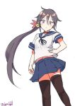  1girl absurdres akebono_(kancolle) akebono_kai_(kancolle) bell black_thighhighs blue_sailor_collar blue_skirt feet_out_of_frame flower hair_bell hair_flower hair_ornament hand_on_own_hip highres jingle_bell kantai_collection long_hair one-hour_drawing_challenge pleated_skirt purple_eyes purple_hair robinson_(day_l_full) sailor_collar school_uniform serafuku short_sleeves side_ponytail simple_background skirt solo thighhighs twitter_username very_long_hair white_background 
