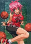  1girl aqua_eyes ball baseball_jersey basketball_(object) bike_shorts breasts clothes_writing earrings jewelry kotobuki_tsukasa large_breasts looking_at_viewer non-web_source pink_hair shiny_skin shoes short_hair sleeveless sneakers solo tongue tongue_out wristband 