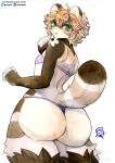  absurd_res anthro big_butt biped breasts butt canid canine clothed clothing female hair hi_res looking_at_viewer looking_back looking_back_at_viewer mammal multicolored_body murazaki raccoon_dog small_breasts smile smiling_at_viewer standing tanuki thong underwear 