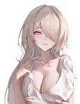  1girl blush breasts cleavage collarbone commentary_request grey_hair hair_over_one_eye highres honkai_(series) honkai_impact_3rd large_breasts long_bangs long_hair looking_at_viewer mole mole_under_eye one_eye_covered parted_lips pink_eyes rita_rossweisse ruo_zhishi_chu_jian simple_background smile solo upper_body white_background 