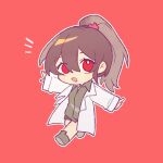  1girl bear_hair_ornament brown_footwear brown_hair carmen_(project_moon) coat collared_shirt fevercat green_shirt hair_ornament high_ponytail highres lab_coat lobotomy_corporation long_hair looking_at_viewer project_moon red_background shirt shoes simple_background solo white_coat 