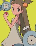  1girl brown_hair closed_mouth commentary_request dress eyelashes green_background green_eyes hand_up highres holding holding_poke_ball jasmine_(pokemon) long_hair looking_back magnemite poke_ball poke_ball_(basic) pokemon pokemon_(creature) pokemon_gsc simple_background sleeveless sleeveless_dress smile two_side_up tyako_089 