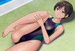  1girl barefoot breasts brown_eyes collarbone commentary_request competition_swimsuit hashi long_bangs lying medium_breasts on_back one-piece_swimsuit original parted_lips poolside short_hair simple_background solo stretching swimsuit toes tomboy 