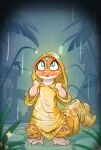  ambiguous_gender anthro clothing coat fuf gecko green_eyes hi_res lizard orange_body orange_skin outside plant raincoat raining reptile scalie shedding_skin solo tail topwear young 