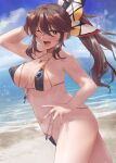  1girl alternate_hairstyle ashigara_(kancolle) bare_arms bare_legs bare_shoulders beach bikini black_bikini blush breasts brown_eyes brown_hair cowboy_shot day fang hair_between_eyes highres kantai_collection large_breasts long_hair looking_at_viewer navel ocean one_eye_closed open_mouth ponytail smile solo swimsuit toka_(marchlizard) 