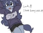  2023 anthro bottomwear breasts canid canine canis clothed clothing cute_fangs dialogue digital_media_(artwork) dolphin_shorts english_text female female_anthro fur grey_body grey_fur hair hoodie kemono looking_at_viewer mammal mini_(puppy_in_space) open_mouth puppy_in_space shorts simple_background solo tail talking_to_viewer text text_on_clothing tongue topwear wolf 
