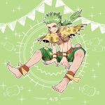  1boy barefoot bracelet brown_eyes capelet fang fang_out final_fantasy final_fantasy_vi floral_print full_body gau green_background green_hair green_shorts happy_birthday highres jewelry looking_at_viewer low_ponytail male_focus nnnmmg0725 sharp_toenails short_hair_with_long_locks shorts sidelocks sitting smile solo sparkle toenails topless_male yellow_capelet 