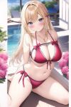 ai-generated artist_request barefoot beach_chair bikini blonde_hair blue_eyes blush bow breasts cleavage flower hair_bow jewelry kneeling long_hair looking_at_viewer navel necklace pool poolside red_bikini red_bow red_ribbon ribbon side-tie_bikini_bottom smile spread_legs swimsuit wooden_floor 