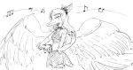  air_guitar anthro clothed clothing dinosaur eyes_closed fang_(gvh) feathered_wings feathers female goodbye_volcano_high hair hi_res kheltari long_hair long_snout monochrome musical_note pterodactylus pterosaur reptile scalie simple_background sketch snoot_game_(fan_game) snout solo white_background wings 