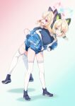  2girls 40hara animal_ears black_shirt blonde_hair blue_archive blue_buruma bow buruma cat_ears fake_animal_ears gradient_background green_bow green_eyes hair_bow halo highres jacket leaning_forward long_sleeves looking_at_another looking_at_viewer medium_hair midori_(blue_archive) momoi_(blue_archive) multiple_girls open_clothes open_jacket open_mouth partially_unzipped pink_bow shirt simple_background smile standing stretching track_jacket 