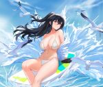  1girl absurdres ahoge azur_lane bikini bird black_hair blue_sky breasts closed_mouth cloud day floating_hair highres large_breasts long_hair navel off_shoulder one_side_up outdoors red_eyes seagull shaobao_(sdhx3728) shirt sitting sky smile solo stomach surfboard swimsuit taihou_(azur_lane) taihou_(seaside_daydreams)_(azur_lane) thighs water waves white_bikini white_shirt 