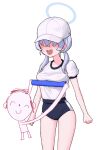  1girl 1other absurdres arona&#039;s_sensei_doodle_(blue_archive) baseball_cap baton blue_archive blue_buruma blue_hair breasts buruma chuo8008 eyes_in_shadow gym_shirt halo hat highres light_blue_hair medium_breasts puffy_short_sleeves puffy_sleeves sensei_(blue_archive) shirt short_sleeves simple_background surprised sweatdrop twintails valkyrie_police_academy_student_(blue_archive) white_background white_headwear 