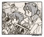  2girls :&lt; akai_sashimi animal_ear_fluff animal_ears artist_name border cable carrying cat_ears cat_girl cloud cloudy_sky dress holding looking_at_another looking_at_object looking_to_the_side low_ponytail machinery monochrome multiple_girls neckerchief original outdoors porthole profile sailor_collar sepia short_hair short_ponytail short_sleeves sidelocks sky upper_body white_border 