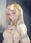  1girl artist_name ascot blonde_hair breasts cleavage commentary english_commentary green_eyes highres large_breasts long_hair long_sleeves looking_at_viewer nier:automata nier_(series) parted_bangs personal_ami smile solo twintails upper_body white_ascot yorha_commander 