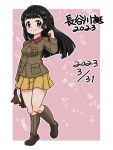  1girl 2023 alternate_hairstyle birthday black_eyes black_hair blunt_bangs blunt_ends blush_stickers boots brown_footwear brown_jacket character_name chi-hatan_military_uniform closed_mouth commentary dated girls_und_panzer hair_down hair_ribbon hand_in_own_hair hasegawa_tatsu holding holding_ribbon jacket knee_boots long_hair long_sleeves looking_at_viewer military military_uniform miniskirt outline outside_border pink_background pleated_skirt ribbon ribbon_removed skirt smile solo standing takahashi_kurage translated uniform white_outline yellow_skirt 