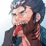  1boy bara beard_stubble dagon_(housamo) dark-skinned_male dark_skin finger_in_another&#039;s_mouth fins fish_boy grey_hair long_sideburns looking_at_viewer male_focus mature_male mustache_stubble noramoso pov pov_hands saliva sharp_teeth short_hair sideburns slit_pupils solo sweat sweating_profusely teeth thick_eyebrows tokyo_afterschool_summoners tongue tongue_out 