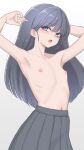 1girl armpits blush closed_mouth collarbone flat_chest gradient_background highres long_hair looking_at_viewer mustee navel nipples open_mouth original pleated_skirt ribs school_uniform serafuku simple_background skinny skirt solo topless 