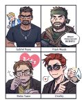  6+boys absurdres angel aziraphale_(good_omens) bandana beard black_shirt blonde_hair blue_jacket blush brown_hair brown_jacket call_of_duty call_of_duty:_black_ops character_name chibi chibi_inset coat crowley_(good_omens) dark-skinned_male dark_skin dog_tags facial_hair followers_favorite_challenge frank_woods glasses good_omens gun halo headset heart highres holding holding_gun holding_weapon it_(stephen_king) jacket korean_text male_focus mask mature_male medium_hair multiple_boys multiple_drawing_challenge old old_man overwatch overwatch_1 poking reaper_(overwatch) red_hair richie_tozier runny_nose shirt short_hair sleepy smile snot soldier:_76_(overwatch) speech_bubble stubble sunglasses teardrop thick_mustache thought_bubble translation_request upper_body v wasted_m9 weapon white_background white_hair wings yellow_eyes yellow_shirt 
