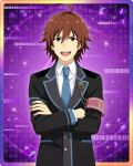  1boy ahoge amagase_touma brown_eyes brown_hair collared_shirt crossed_arms fingernails hair_between_eyes idolmaster idolmaster_side-m idolmaster_side-m_growing_stars long_sleeves necktie official_art open_mouth school_uniform shirt smile solo teeth upper_teeth_only 
