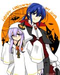  1boy 1girl alternate_costume bat_(animal) breasts brother_and_sister cape cleavage fang fire_emblem fire_emblem:_genealogy_of_the_holy_war ghost_costume halloween halloween_costume hat julia_(fire_emblem) long_hair ponytail pumpkin purple_eyes purple_hair seliph_(fire_emblem) siblings simple_background vampire_costume wizard_hat yukia_(firstaid0) 