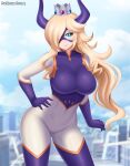  1girl absurdres artist_name blonde_hair blue_eyes blurry blurry_background bodysuit boku_no_hero_academia breasts cosplay cowboy_shot crown domino_mask earrings giant giantess hair_over_one_eye hand_on_own_hip highres horns jewelry large_breasts long_hair looking_at_viewer mario_(series) mask mount_lady mount_lady_(cosplay) patdarux rosalina smile solo star_(symbol) star_earrings 