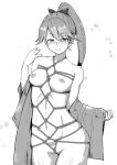  1girl bdsm bondage bound breast_bondage breasts crotch_rope greyscale hair_ribbon highres houshou_(kancolle) japanese_clothes kantai_collection kimono long_hair monochrome nokishita_kumoemon nude ponytail ribbon rope shibari solo 