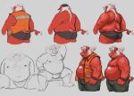  2023 anthro belly black_baseball_cap black_clothing black_underwear bulge butt clothed clothing colored_sketch fur hair hair_bun hi_res high-vis male mammal model_sheet moobs multiple_images open_clothing open_topwear open_vest overweight overweight_male red_body safety_vest saisio sitting sketch smollsaid solo spread_legs spreading suid suina sus_(pig) topwear tusks underwear vest white_body white_fur wild_boar 