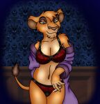  2023 5_fingers anthro anthrofied bathrobe bedroom bedroom_eyes bra breasts cigarette cleavage clothed clothing disney felid female fingers folwilliar fur holding_cigarette holding_object humanoid_hands lingerie lion mammal narrowed_eyes navel pantherine panties pink_nose robe seductive smile solo story story_in_description tan_body tan_fur the_lion_king underwear vitani_(the_lion_king) 