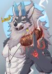  anthro canid canine canis food fur grey_body grey_eyes grey_fur grey_hair hair hi_res horn looking_at_viewer male mammal meat mumu202 muscular muscular_male nipples open_mouth sausage solo tongue tongue_out wolf 