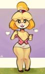  animal_crossing anthro breasts canid canine canis clothed clothing domestic_dog female flat_chested footwear hair hair_bun hi_res isabelle_(animal_crossing) mammal nintendo open_clothing open_mouth open_shirt open_topwear revealing_breasts shih_tzu shirt shoes smile solo thick_thighs thighs tofuuu topwear toy_dog wide_hips 