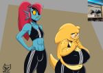  absurd_res alphys angry animal_humanoid anthro clothing dinosaur duo exercise female female/female fish fish_humanoid genitals gomezcat herm hi_res humanoid intersex marine marine_humanoid meme penis reptile scalie surprise undertale_(series) undyne workout workout_clothing 
