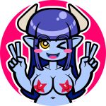  1:1 alpha_channel anne_(arcnod) arcnod blue_body blue_hair blue_skin blush blush_stickers demon demon_humanoid female gesture hair horn humanoid long_hair looking_at_viewer mostly_nude one_eye_closed pasties solo v_sign wink winking_at_viewer 
